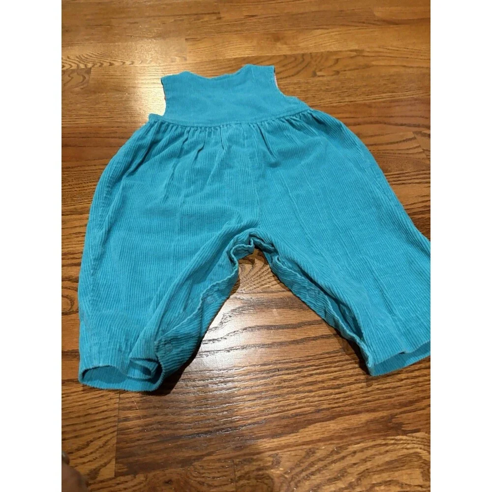 Vtg 80s Girl Corduroy Overalls Size 12 Months  Teal Pink Cat  Heart Buttons